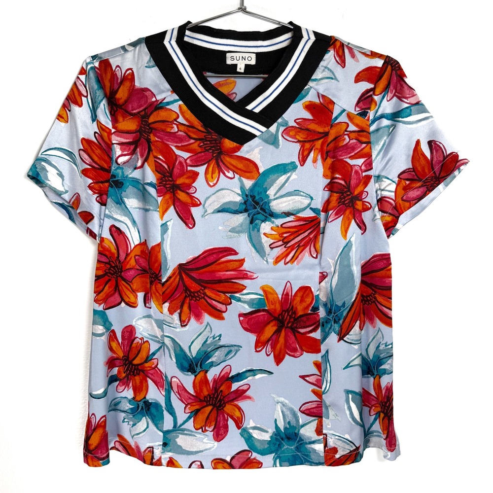 SUNO Floral Print Silk Top Short Sleeve V Neck Blouse‎